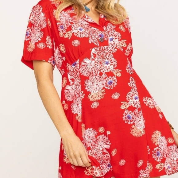 Free People Blue Hawaii Collared Short Sleeve Red Mini Dress Size L - Picture 4 of 16